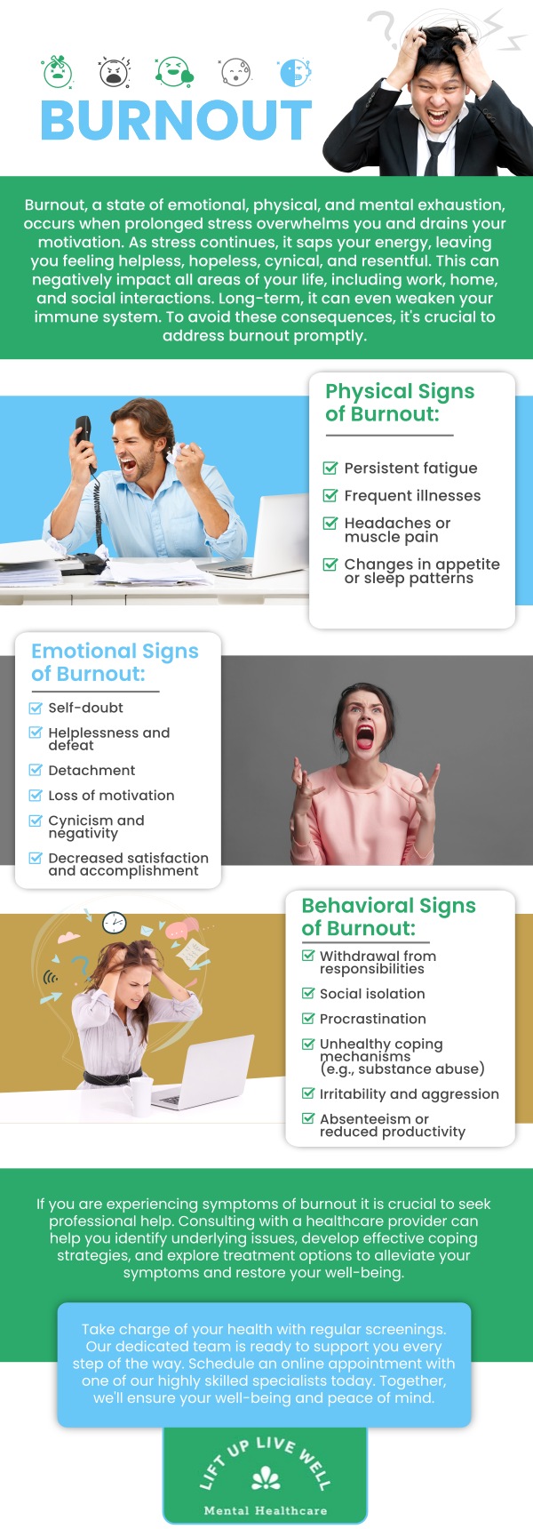 Burnout therapy is designed to address the emotional exhaustion and stress that come from chronic work pressure. At Lift Up Live Well Mental Healthcare, Nerisa Bryan, NP, PMHNP, uses techniques like Cognitive Behavioral Therapy (CBT) and mindfulness to help individuals regain control over their mental health. Therapy teaches effective coping mechanisms, restores emotional balance, and builds resilience. With personalized care, burnout therapy helps individuals recover and prevent future burnout. For more information, contact us or schedule an appointment online. We are conveniently located at 99 Main Street Suite 216 Nyack, NY 10960.